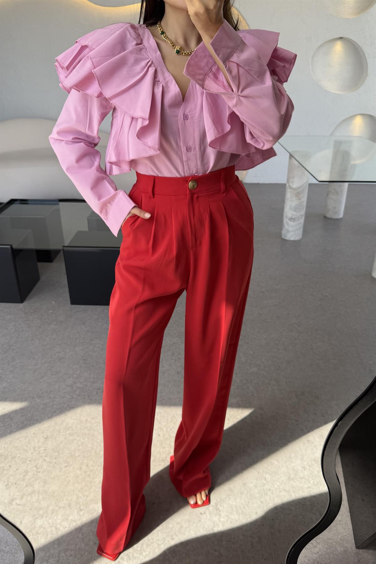 Alexa Kırmızı Pileli Palazzo Pantolon 