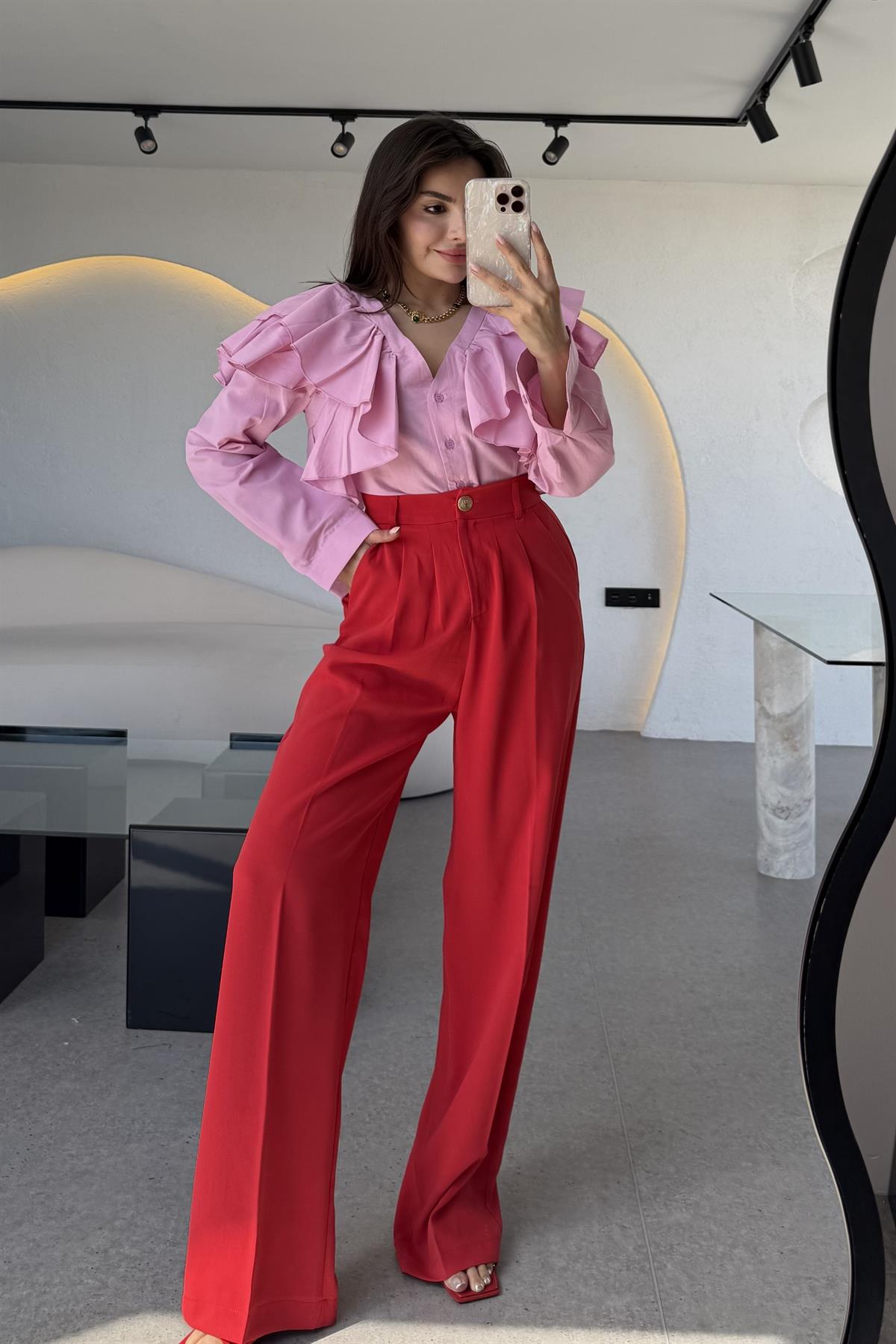 Alexa Kırmızı Pileli Palazzo Pantolon 