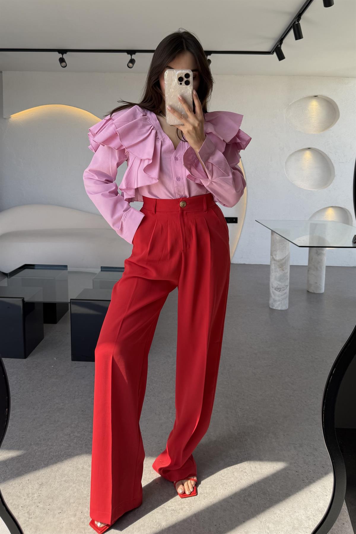 Alexa Kırmızı Pileli Palazzo Pantolon 