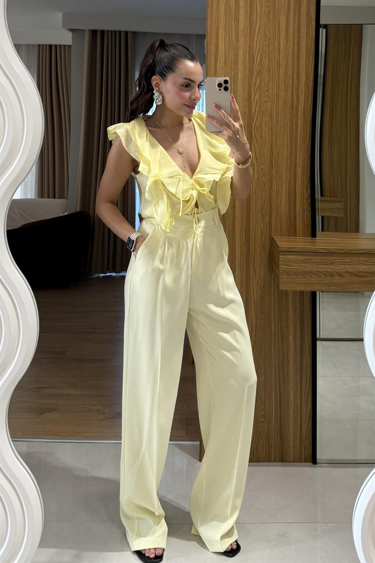 Alexa Sarı Pileli Palazzo Pantolon 