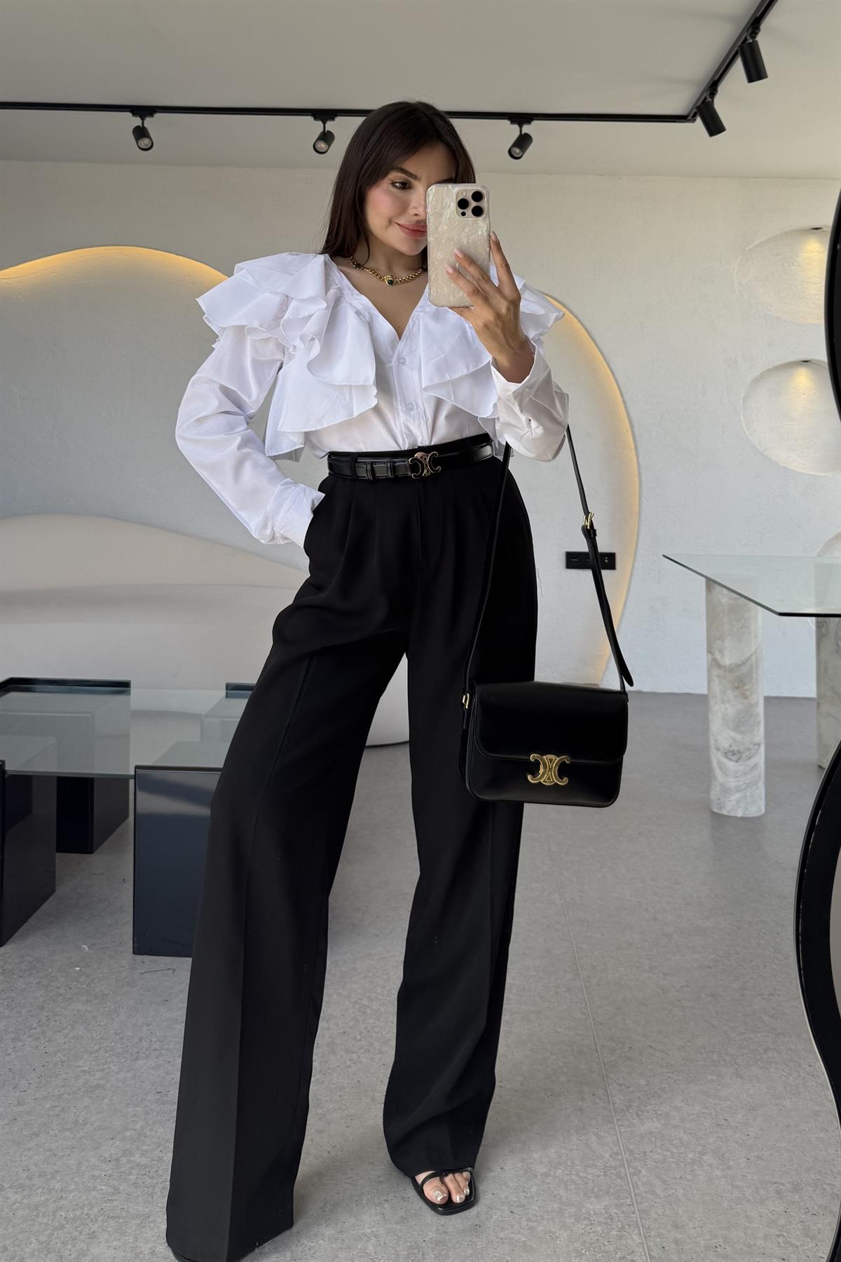 Alexa Siyah Pileli Palazzo Pantolon 