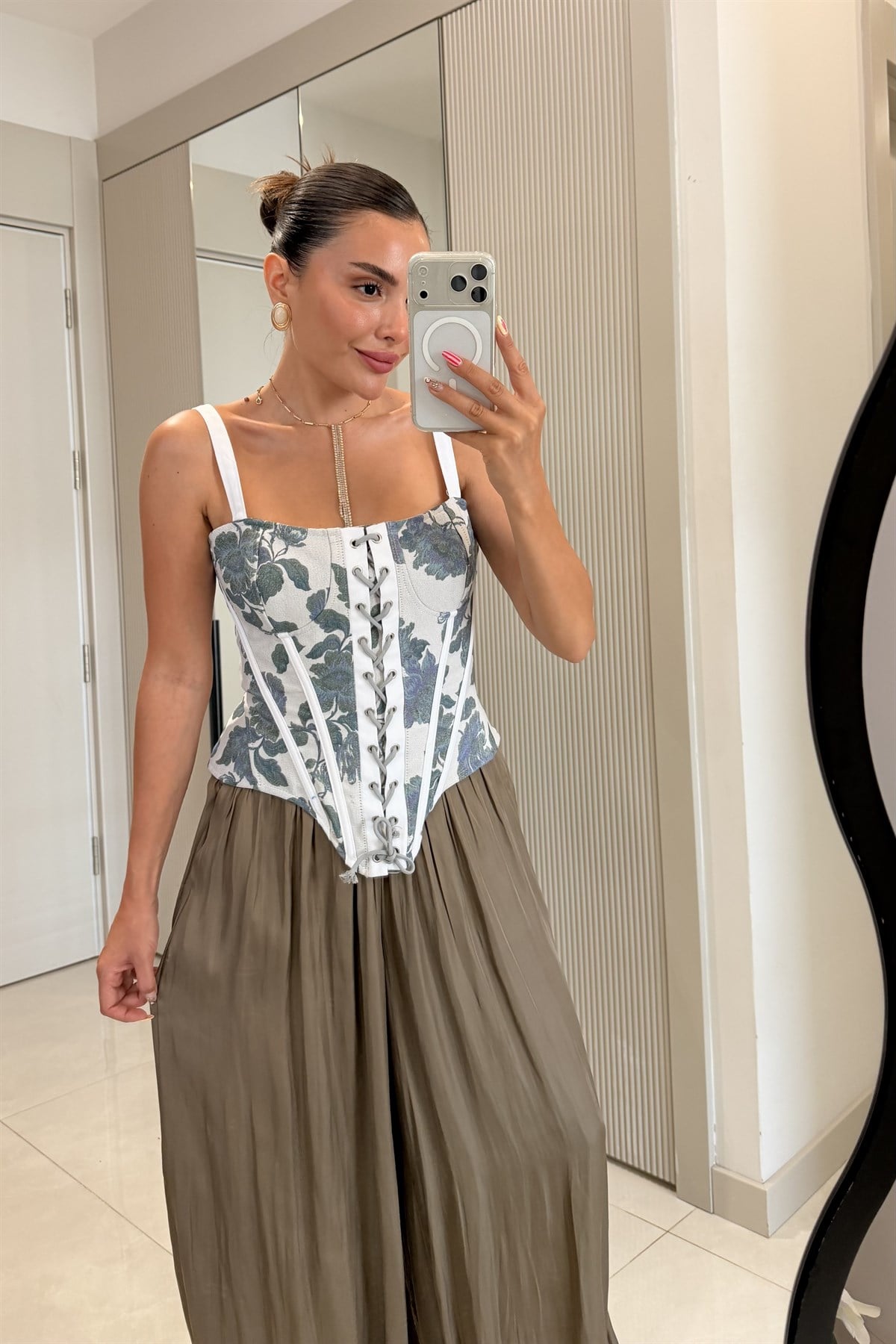 Alexia  Yeşil Vintage Çiçek Baskılı Korse Büstiyer