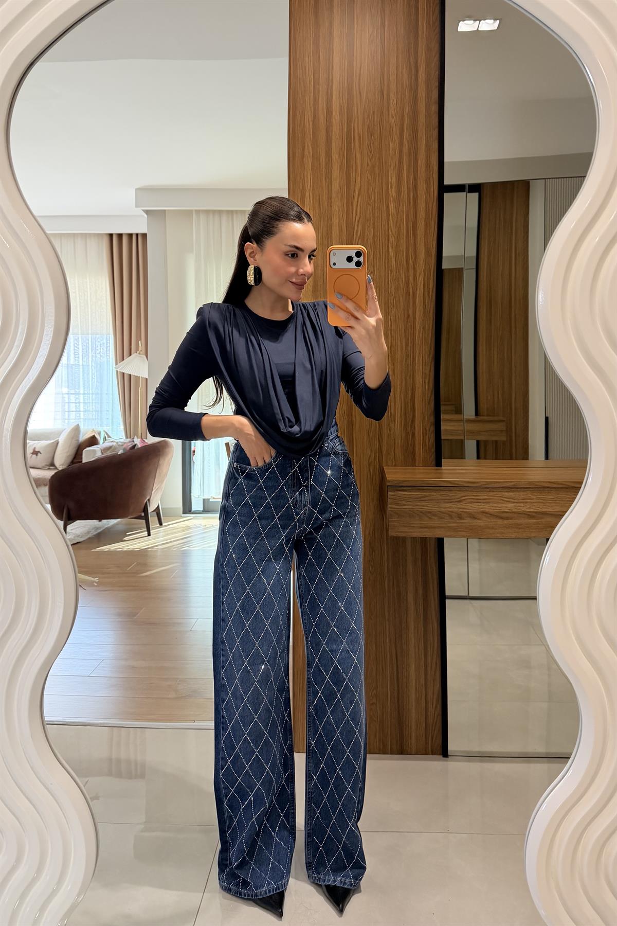 Aleysia Midblue Çapraz Taşlı Lightblue Yıkama Jean