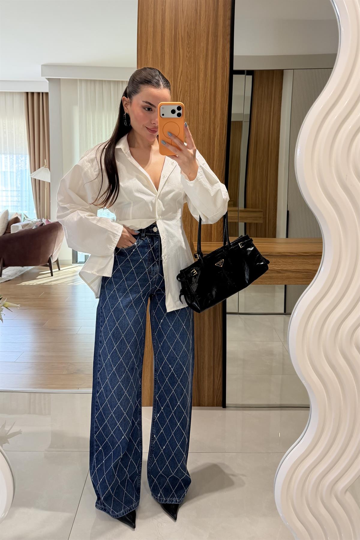 Aleysia Midblue Çapraz Taşlı Lightblue Yıkama Jean