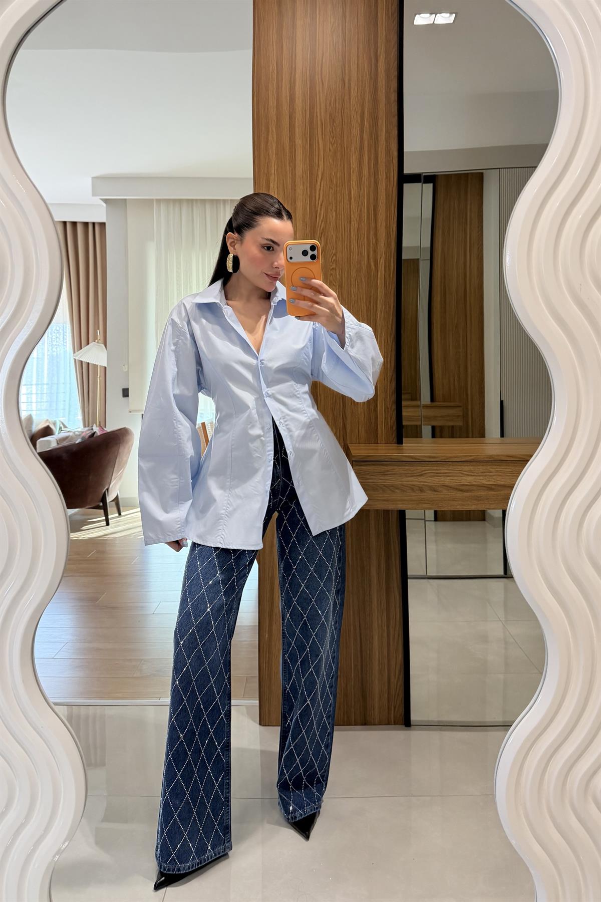 Aleysia Midblue Çapraz Taşlı Lightblue Yıkama Jean