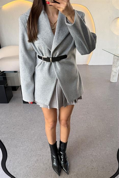 Alfanso Gri Kemerli Kaşe Ceket 