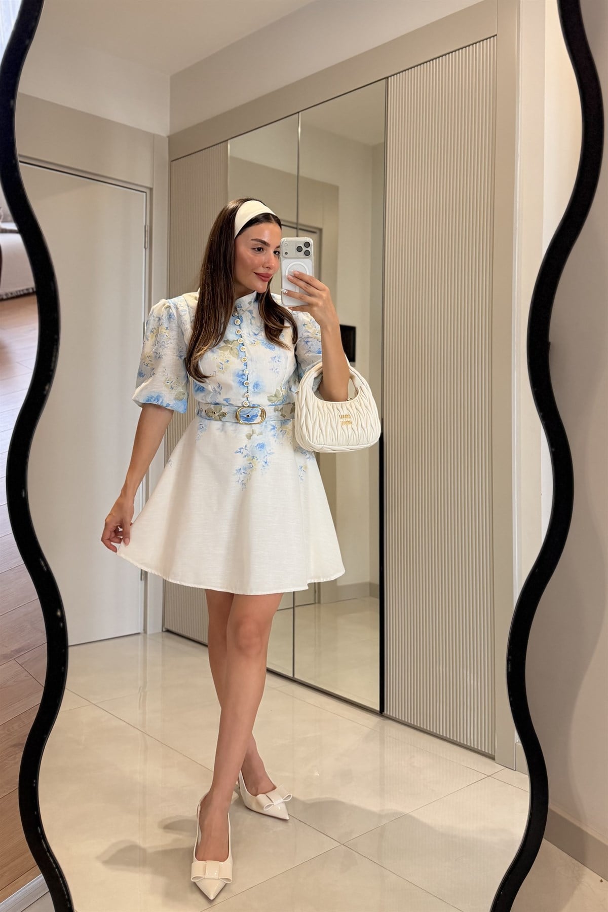 Alice Mavi Çiçek Desen Kemerli Romantik Elbise