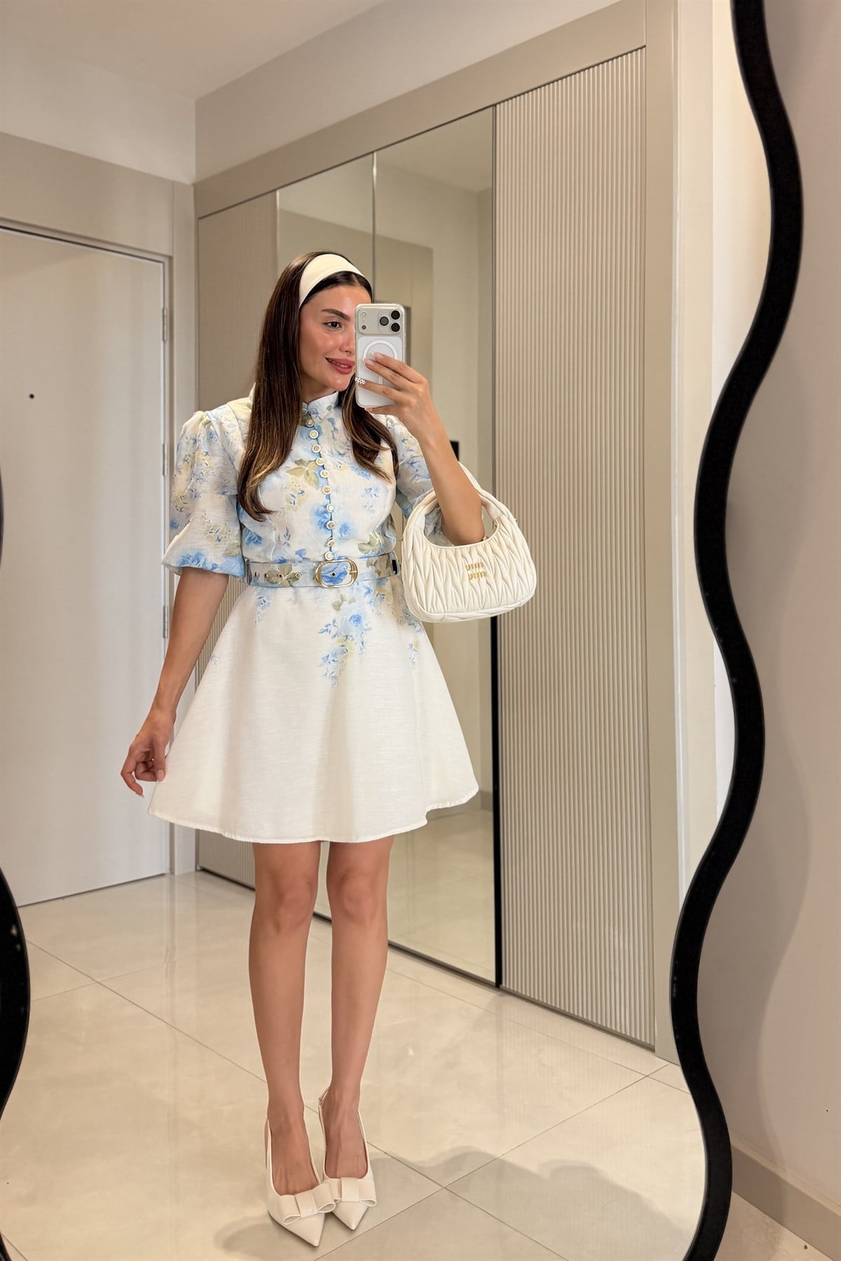 Alice Mavi Çiçek Desen Kemerli Romantik Elbise
