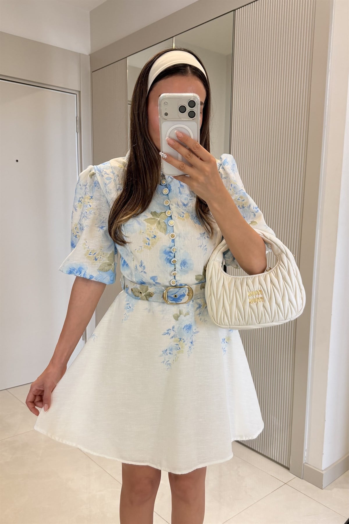 Alice Mavi Çiçek Desen Kemerli Romantik Elbise