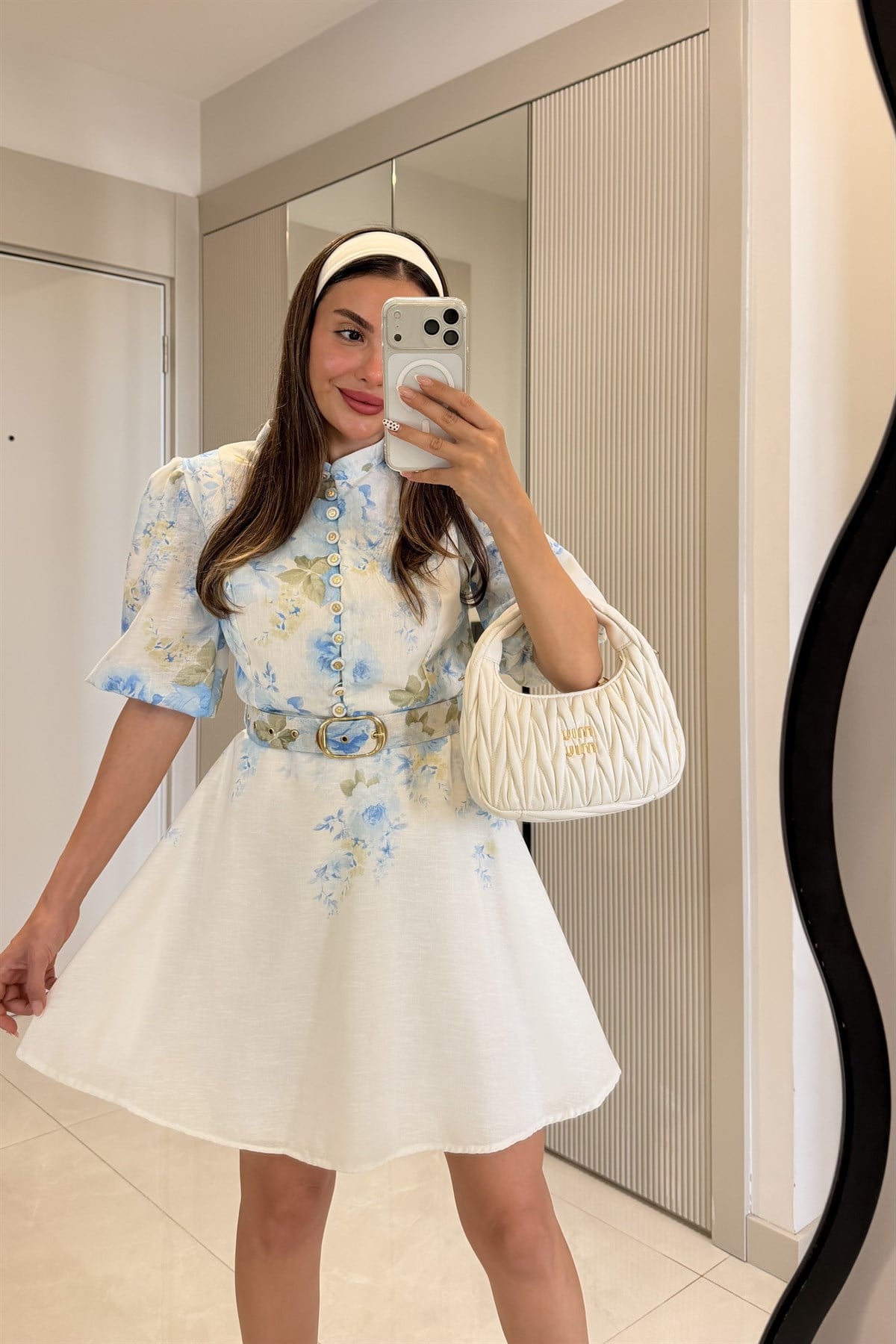 Alice Mavi Çiçek Desen Kemerli Romantik Elbise