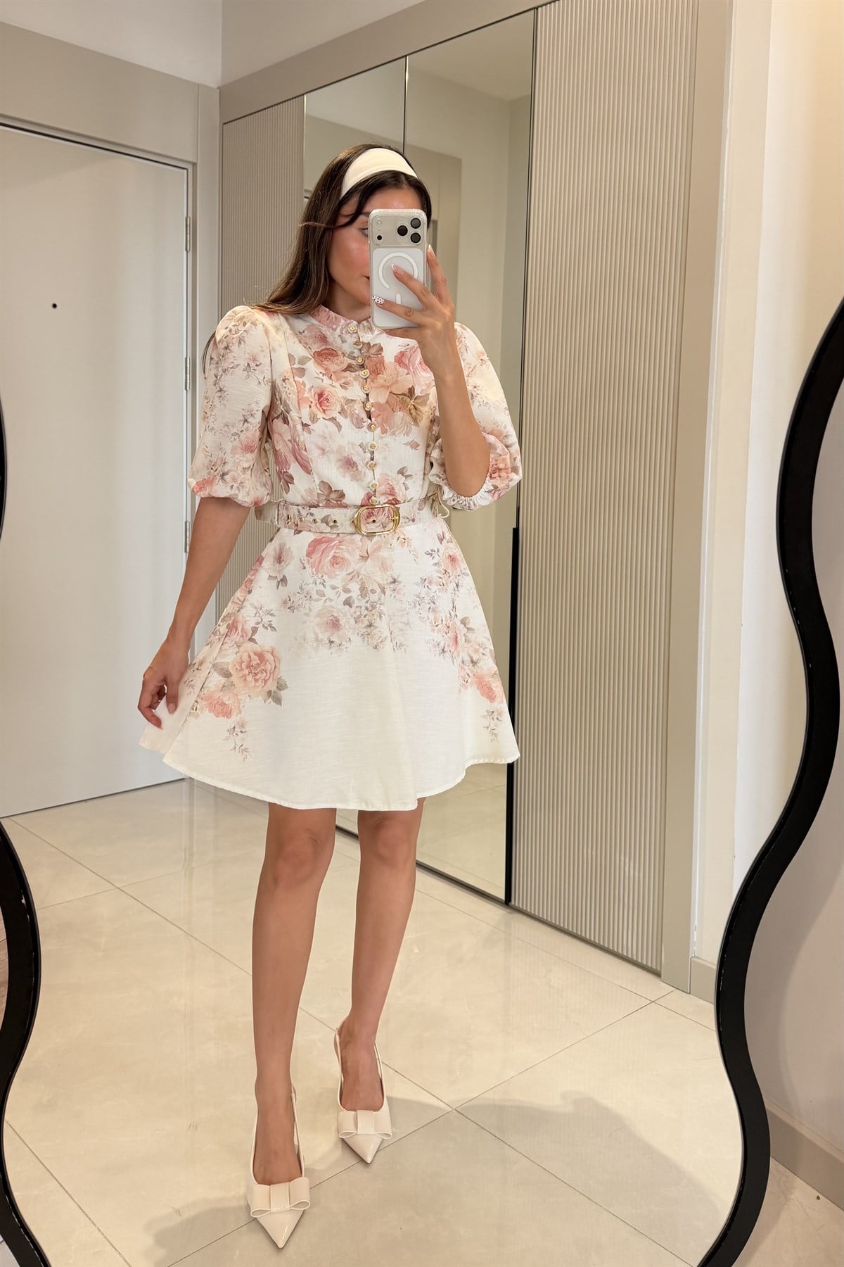 Alice Pembe Çiçek Desen Kemerli Romantik Elbise