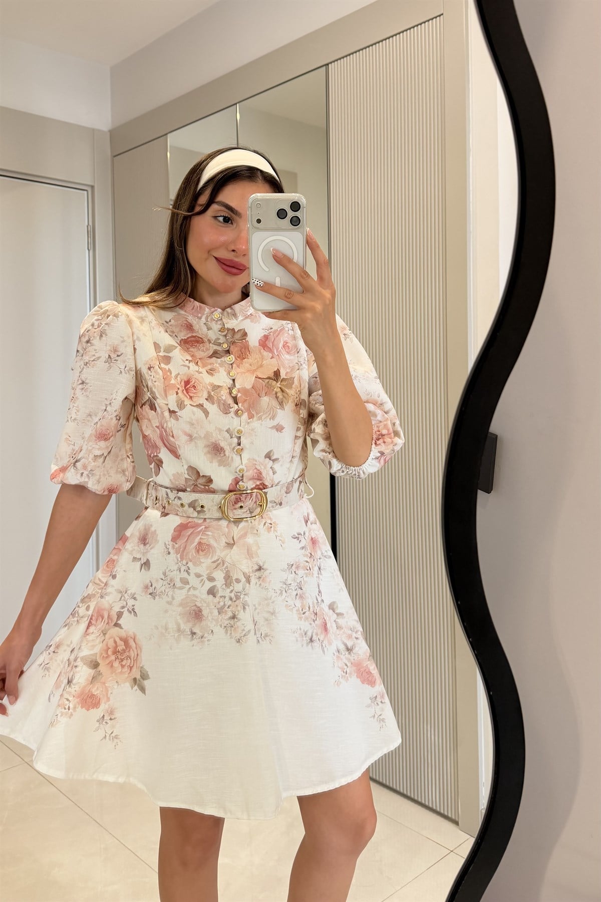 Alice Pembe Çiçek Desen Kemerli Romantik Elbise