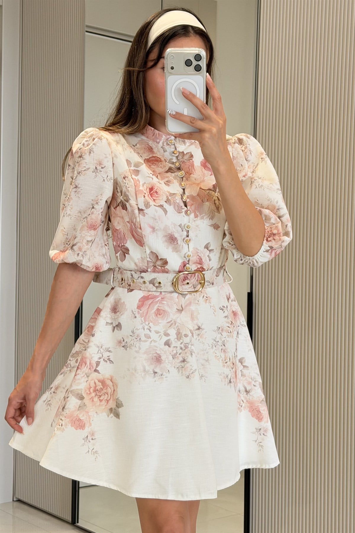 Alice Pembe Çiçek Desen Kemerli Romantik Elbise
