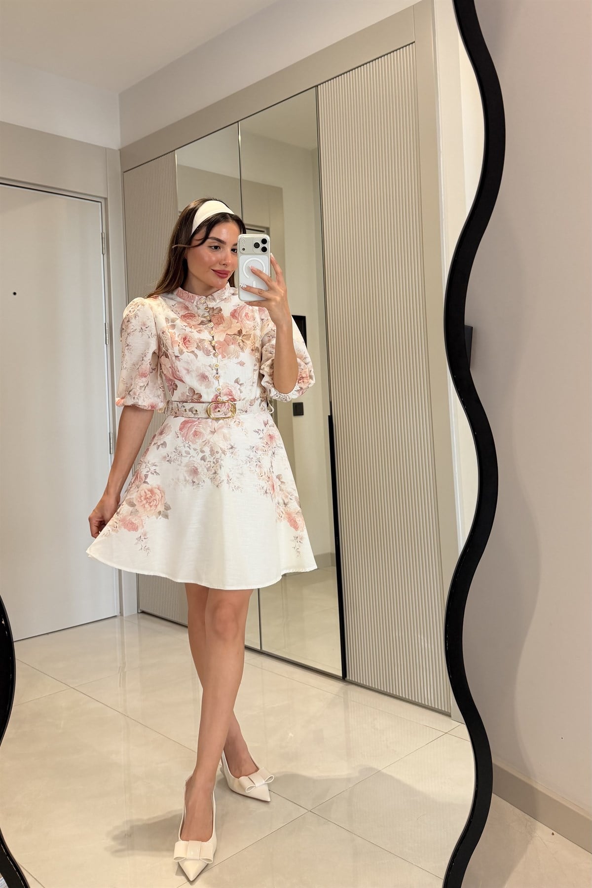Alice Pembe Çiçek Desen Kemerli Romantik Elbise