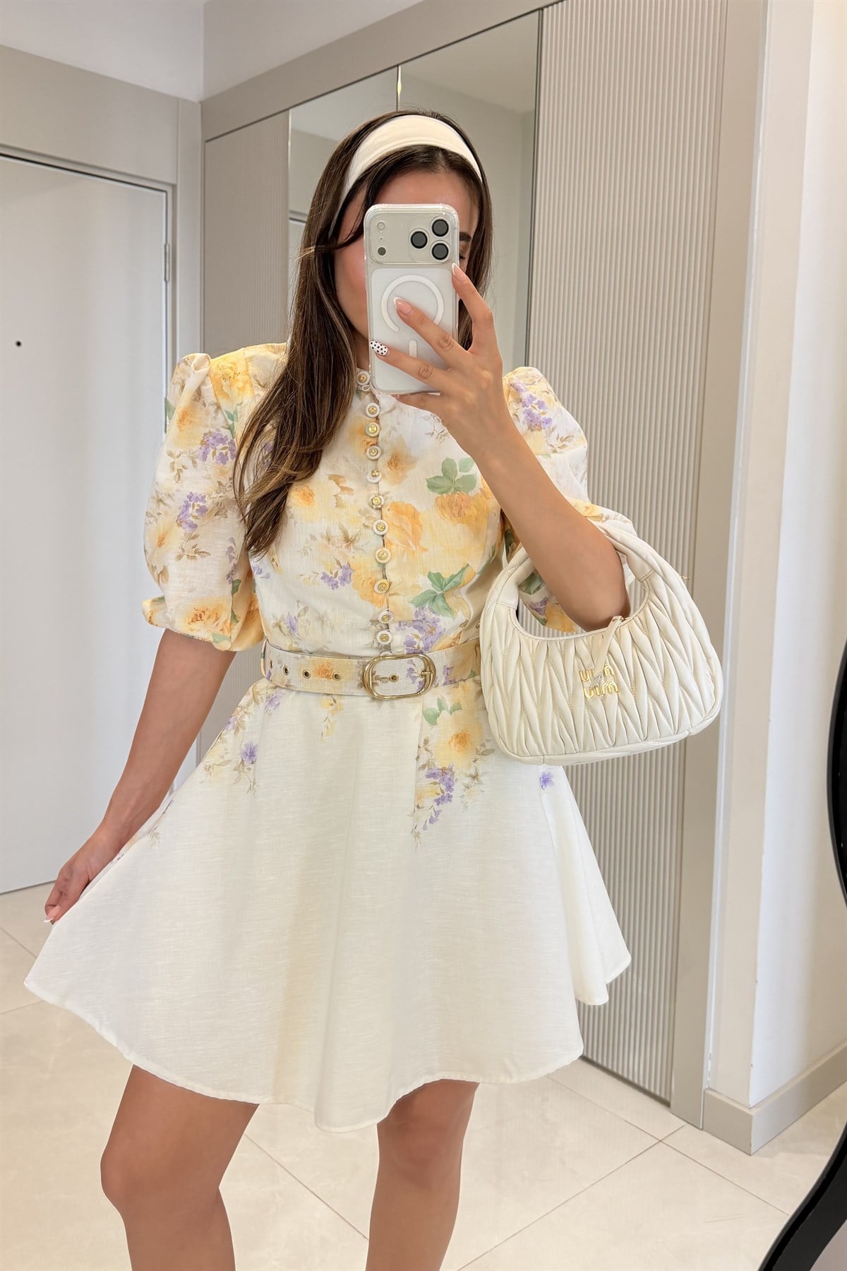 Alice Sarı Çiçek Desen Kemerli Romantik Elbise