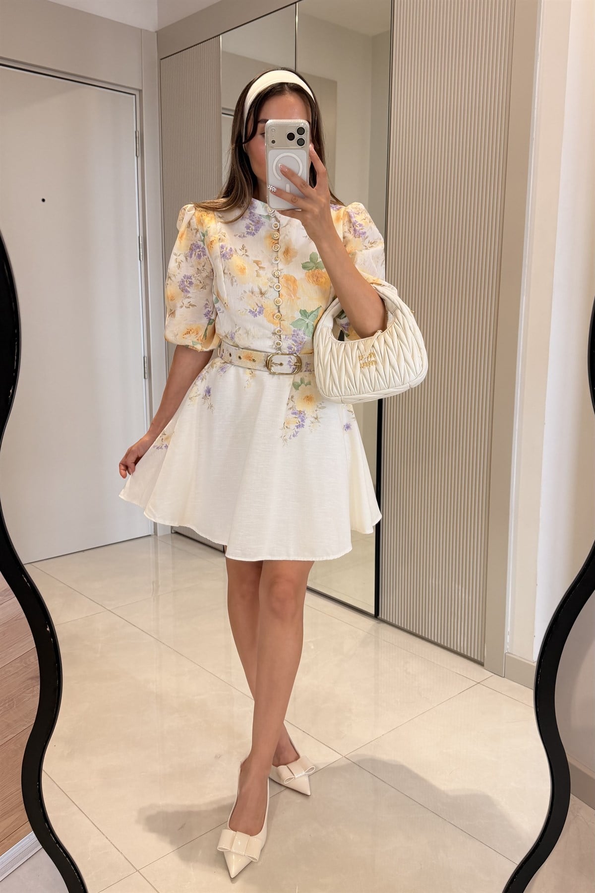 Alice Sarı Çiçek Desen Kemerli Romantik Elbise
