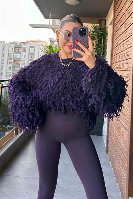 Alicia Püsküllü Patlıcan Moru Kazak