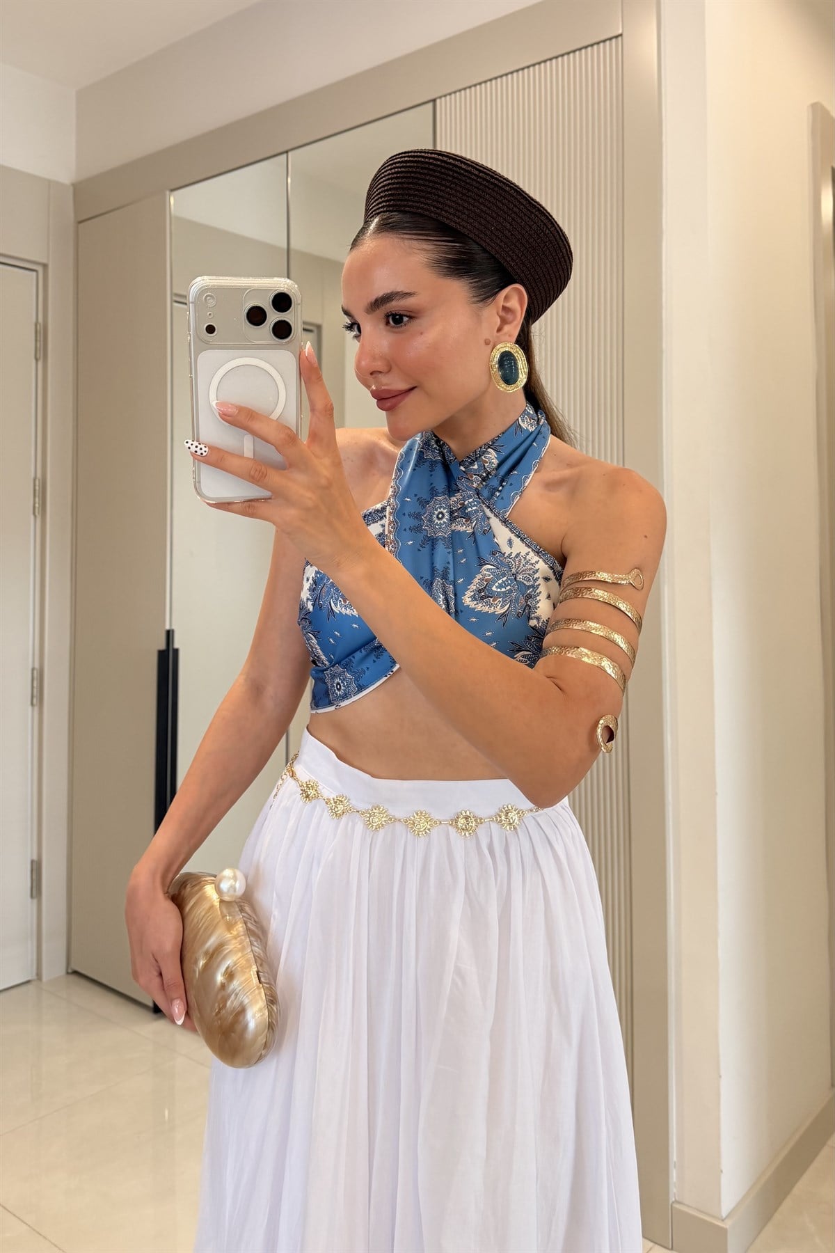 Alisha Mavi Desenli Saten Fular Bluz