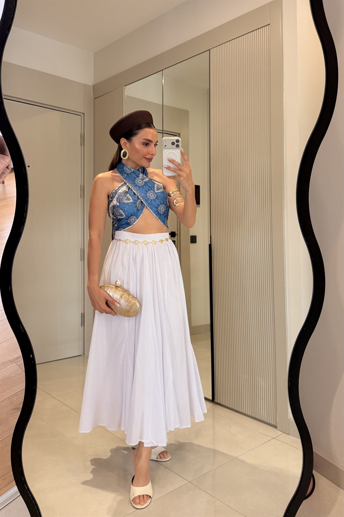 Alisha Mavi Desenli Saten Fular Bluz