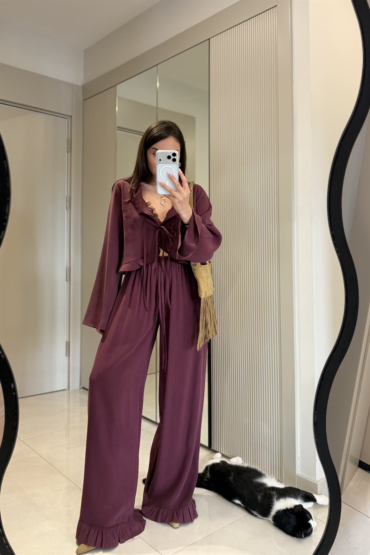 Alissa Bordo Tensel Fırfır Detaylı Bağlamalı Takım