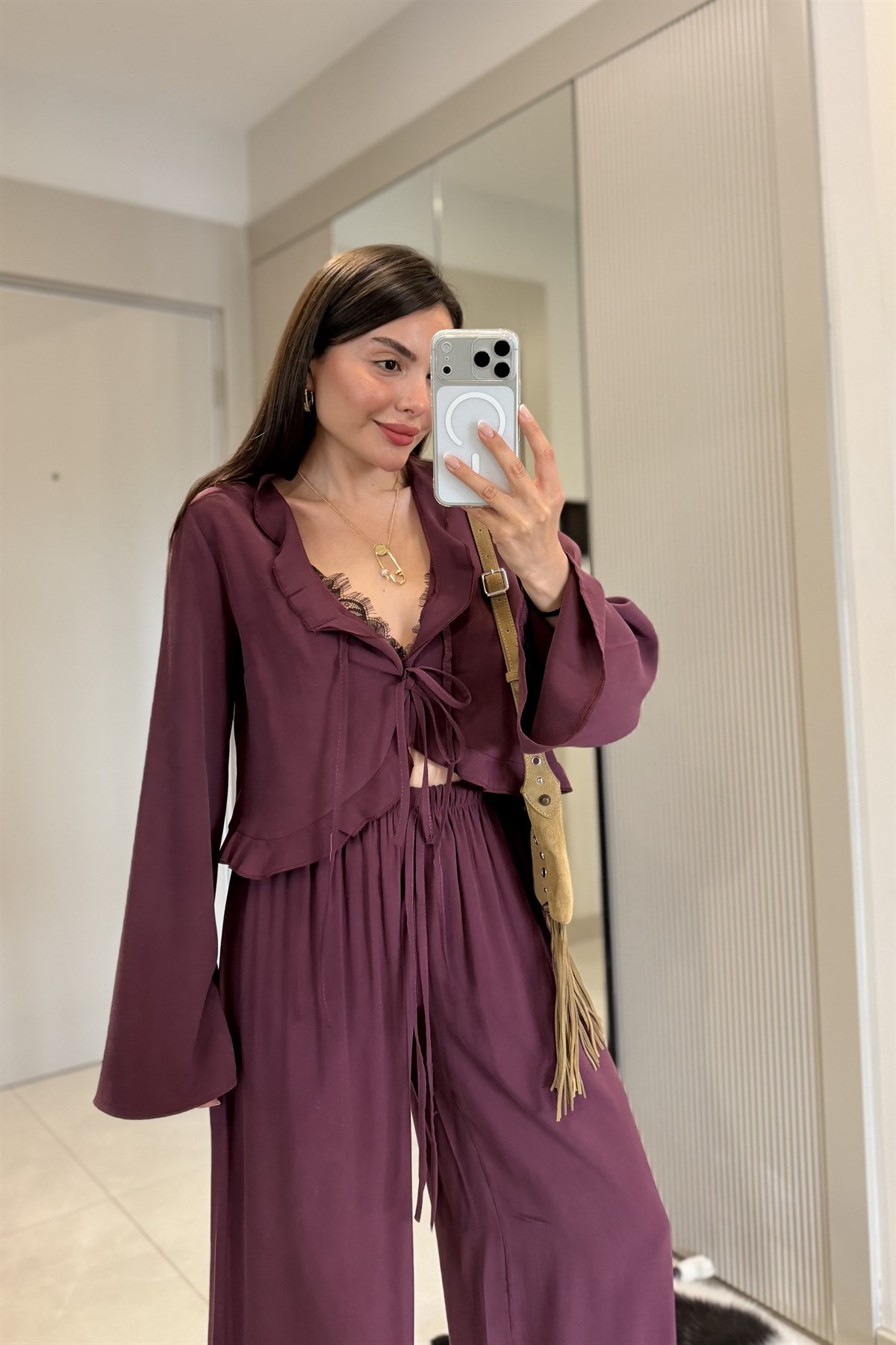 Alissa Bordo Tensel Fırfır Detaylı Bağlamalı Takım