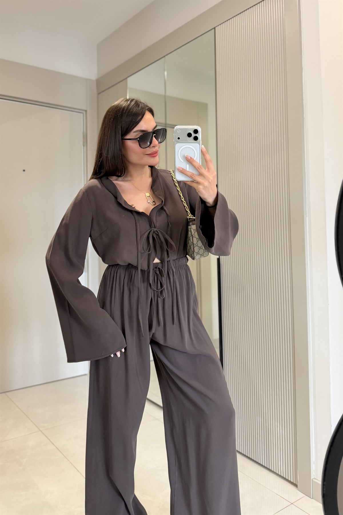 Alissa Kahve Tensel Fırfır Detaylı Bağlamalı Takım