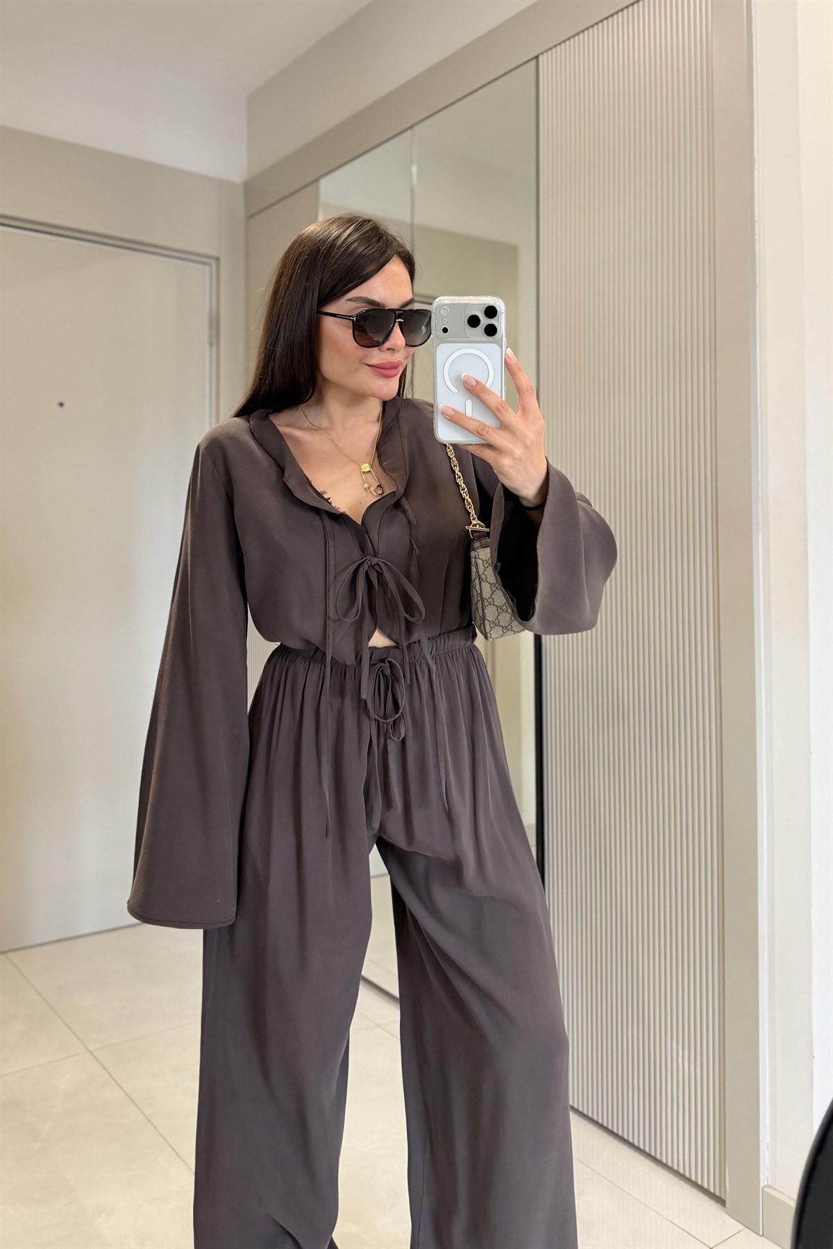 Alissa Kahve Tensel Fırfır Detaylı Bağlamalı Takım