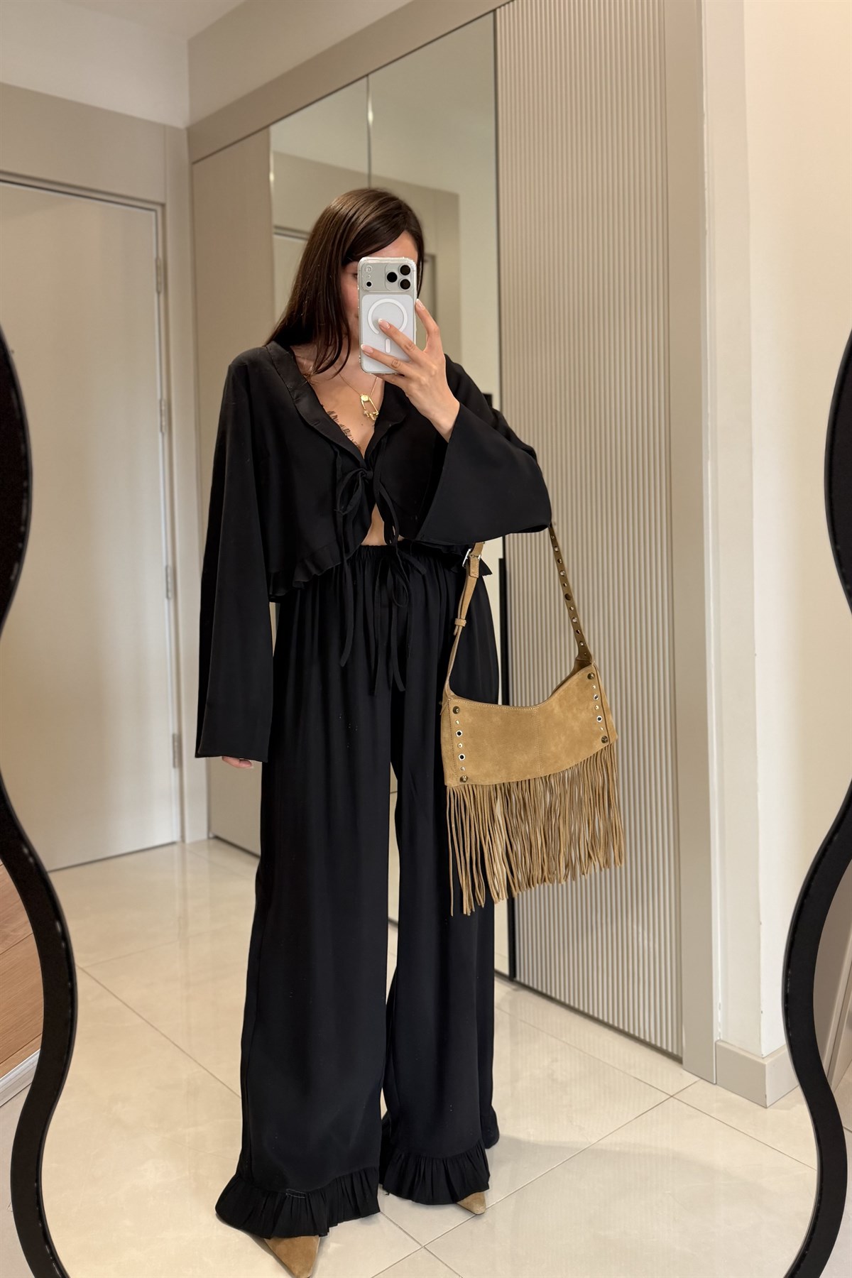 Alissa Siyah Tensel Fırfır Detaylı Bağlamalı Takım