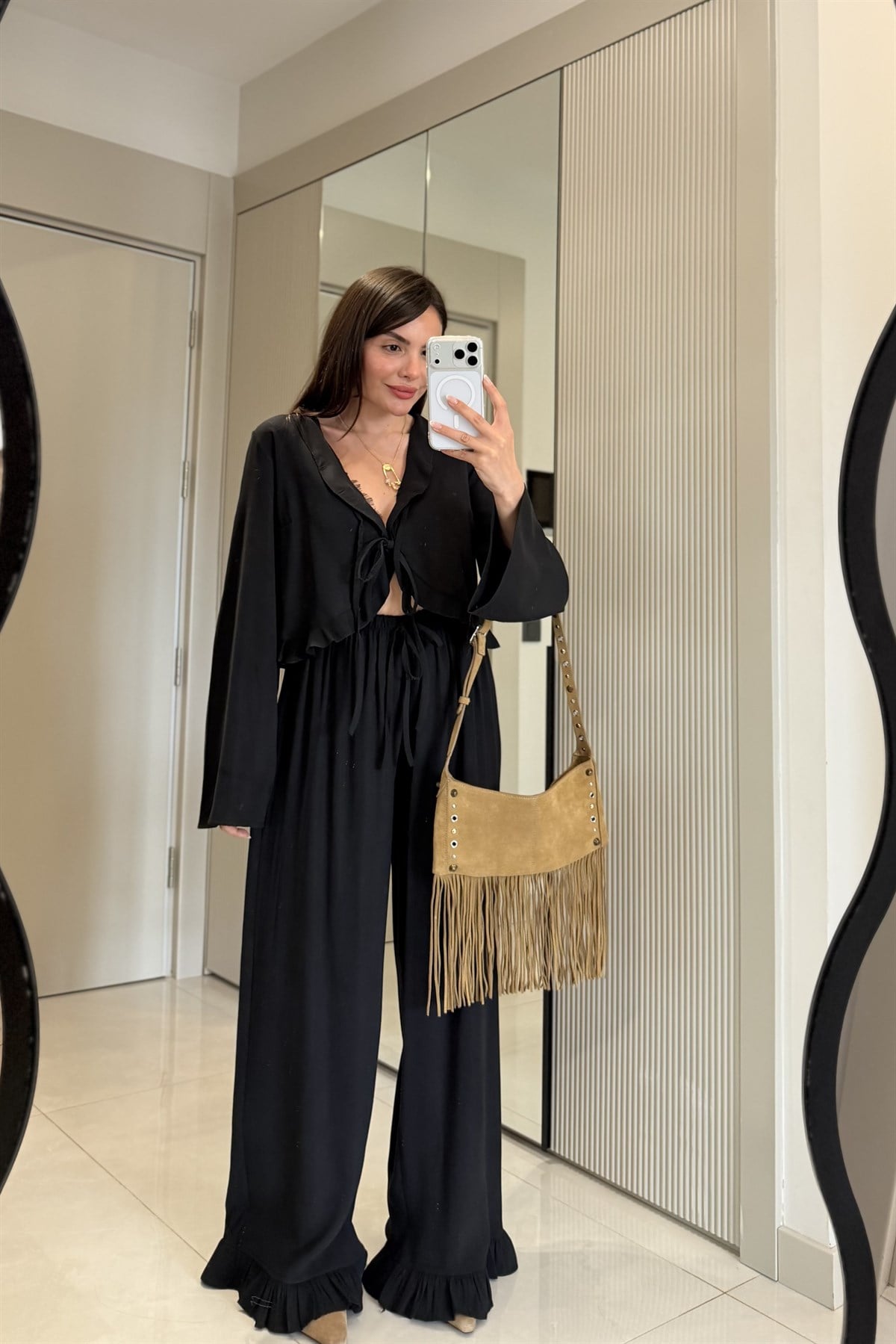 Alissa Siyah Tensel Fırfır Detaylı Bağlamalı Takım