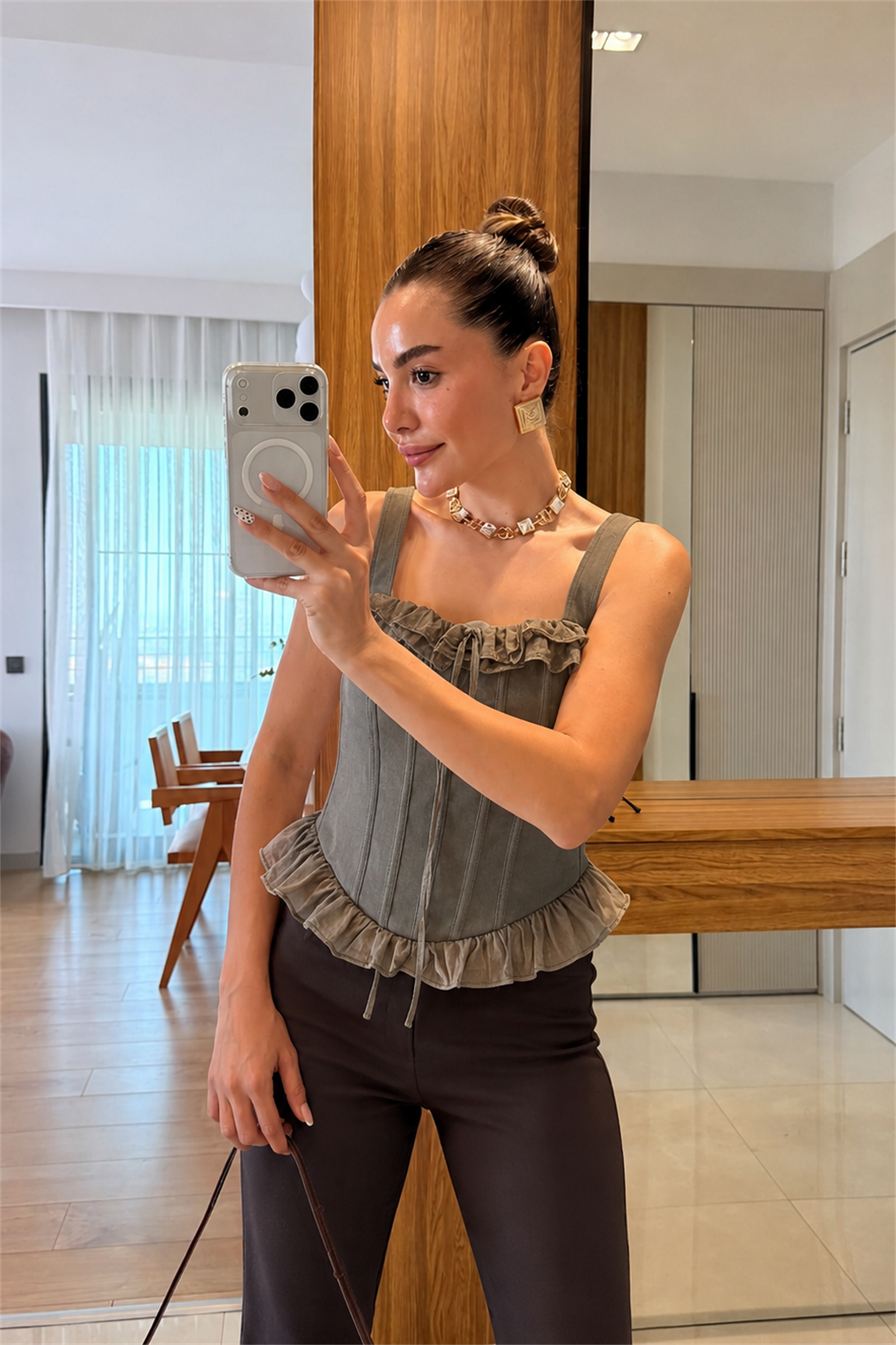 Allwin Haki Fırfır Detaylı Korse Büstiyer 