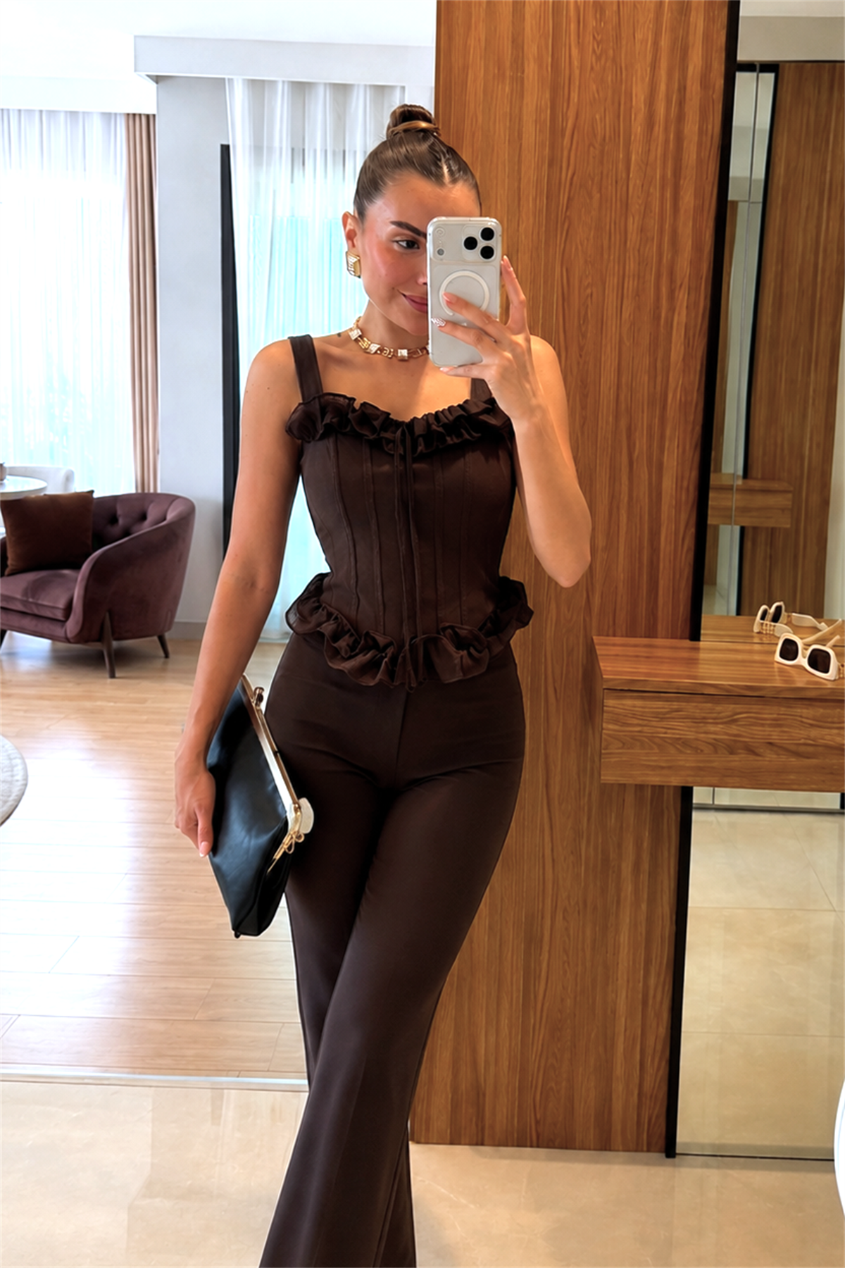 Allwin Kahve Fırfır Detaylı Korse Büstiyer 