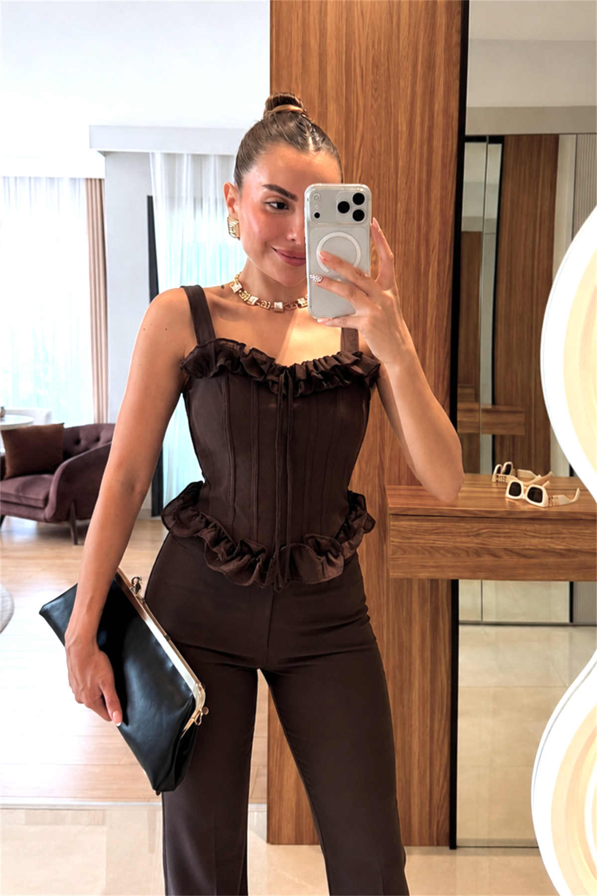 Allwin Kahve Fırfır Detaylı Korse Büstiyer 