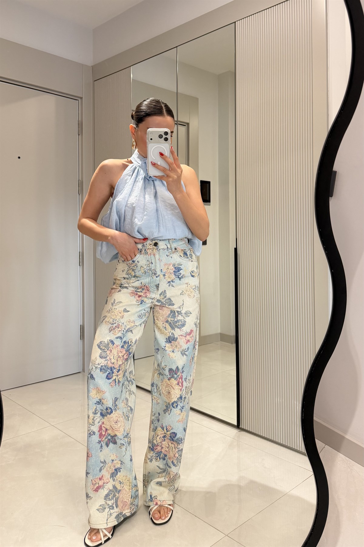 Almeida Bebe Mavi Çiçek Desen Yüksek Bel Jean