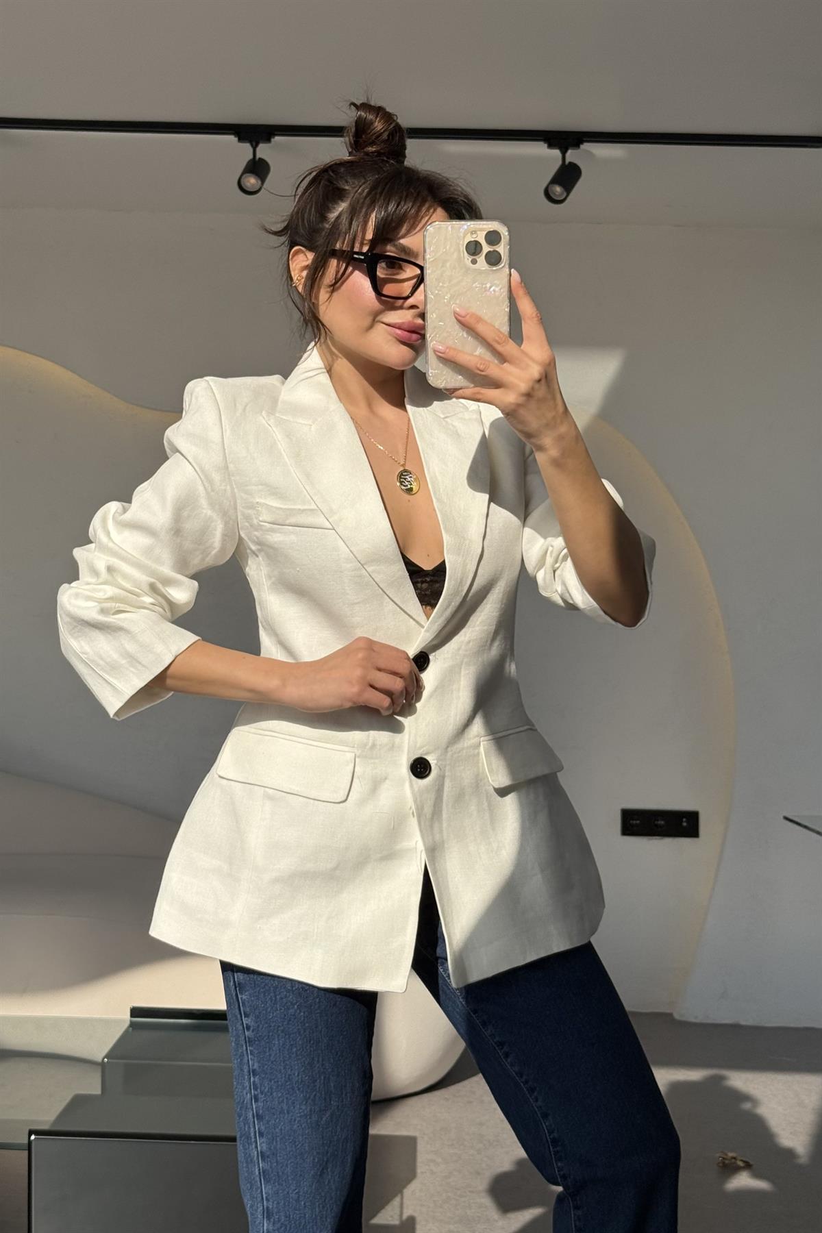 Almeida Beyaz Keten Ceket