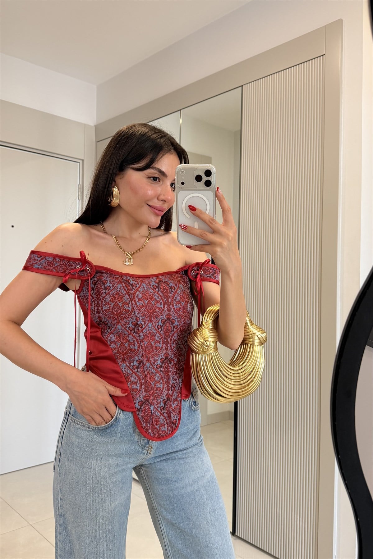 Aloha Kırmızı Saten İşlemeli Büstiyer