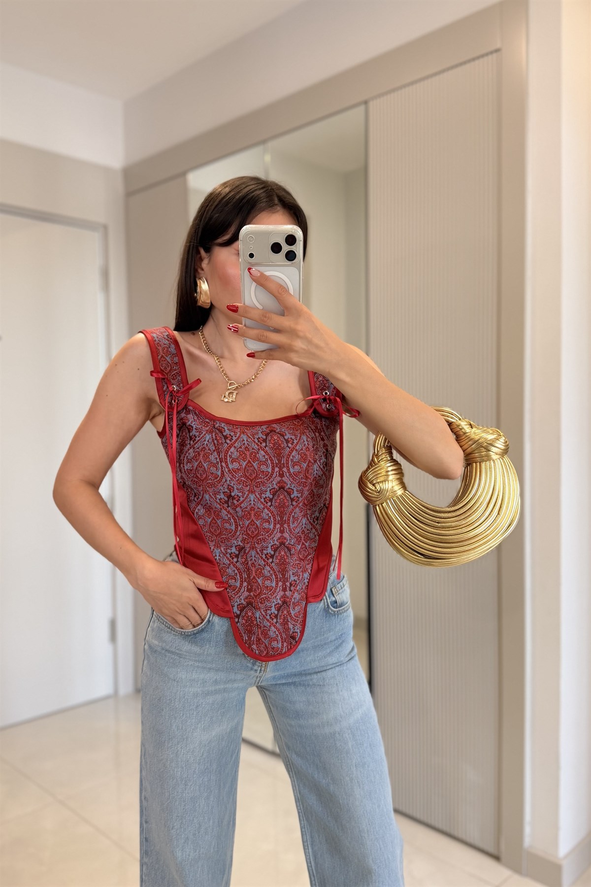 Aloha Kırmızı Saten İşlemeli Büstiyer