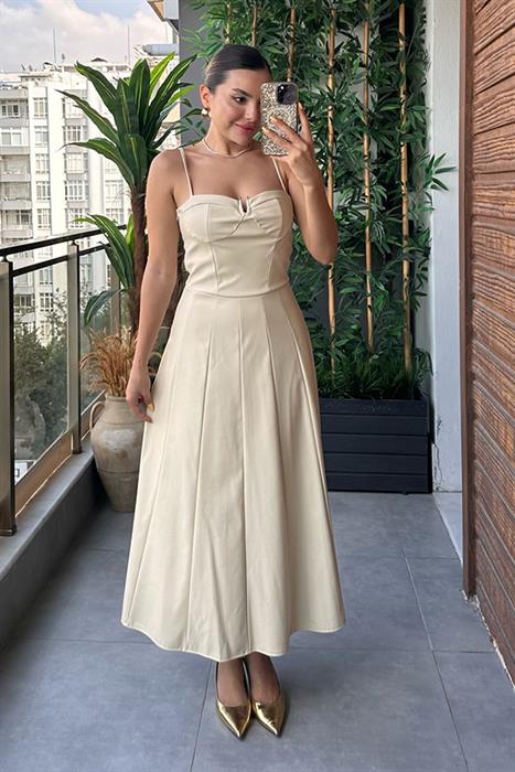 Aloha Krem Deri Maxi Elbise