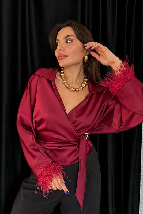 Alondra Bordo Kolları Tüy Detaylı Tasarım Gömlek 