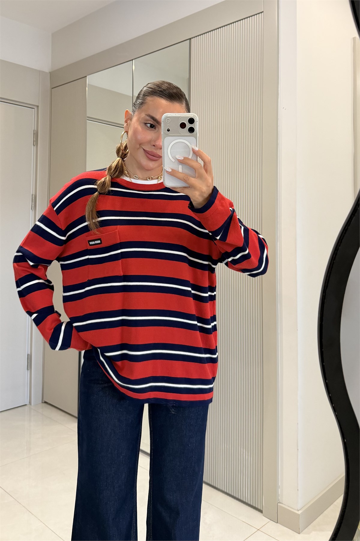 Alondra Kırmızı Cep Detaylı Oversize Bluz
