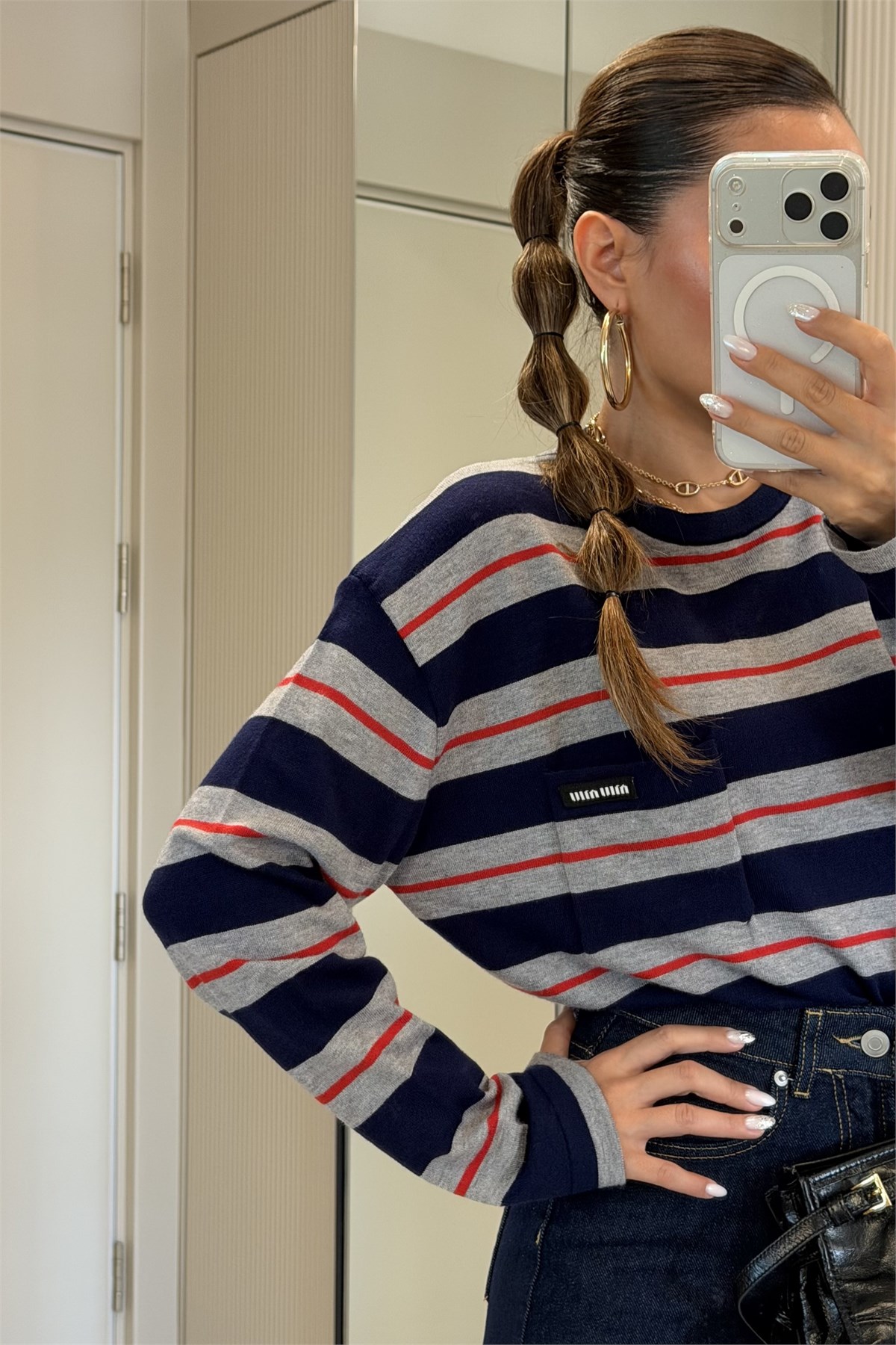 Alondra Lacivert Cep Detaylı Oversize Bluz