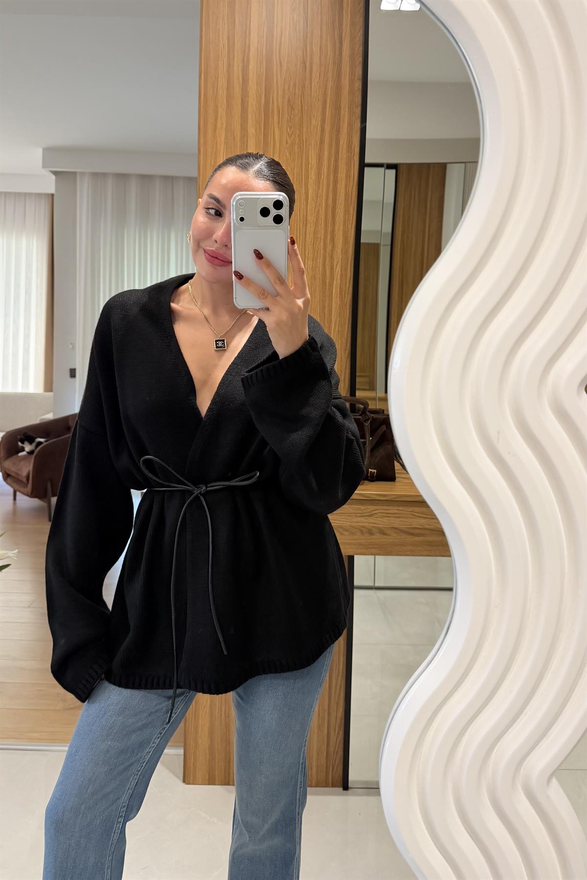 Alves Siyah Deri İpli Hırka