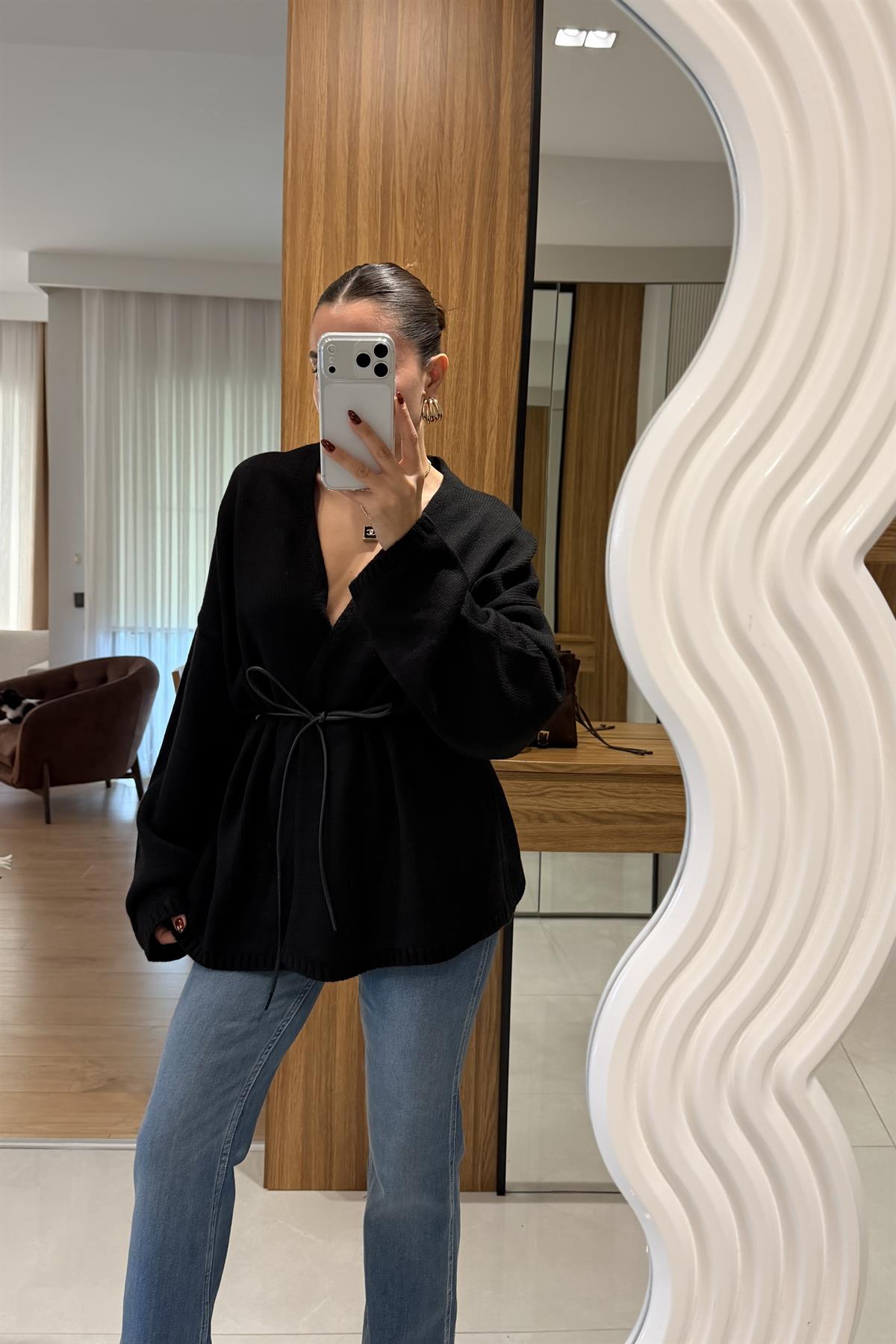 Alves Siyah Deri İpli Hırka