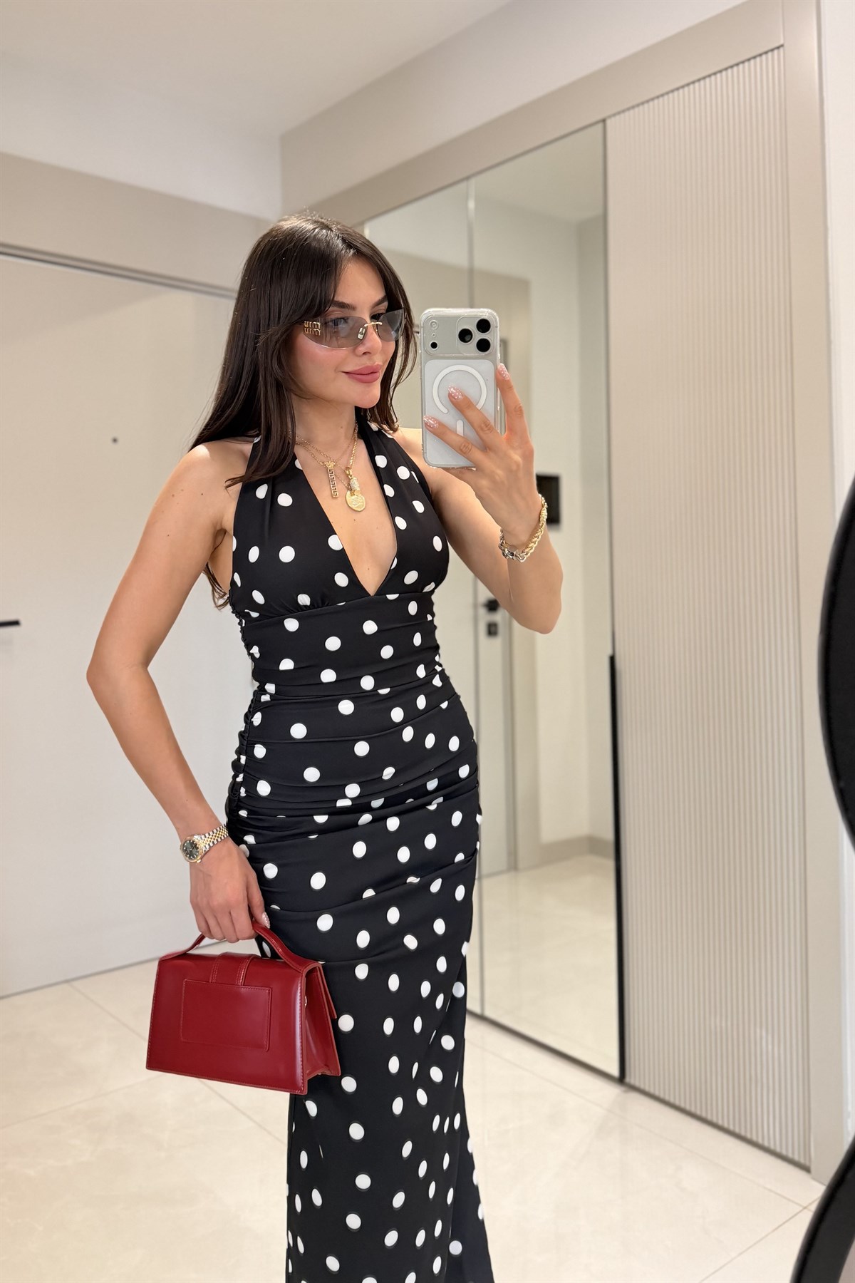 Alvina Siyah Puantiyeli Boyundan Bağlamalı Elbise