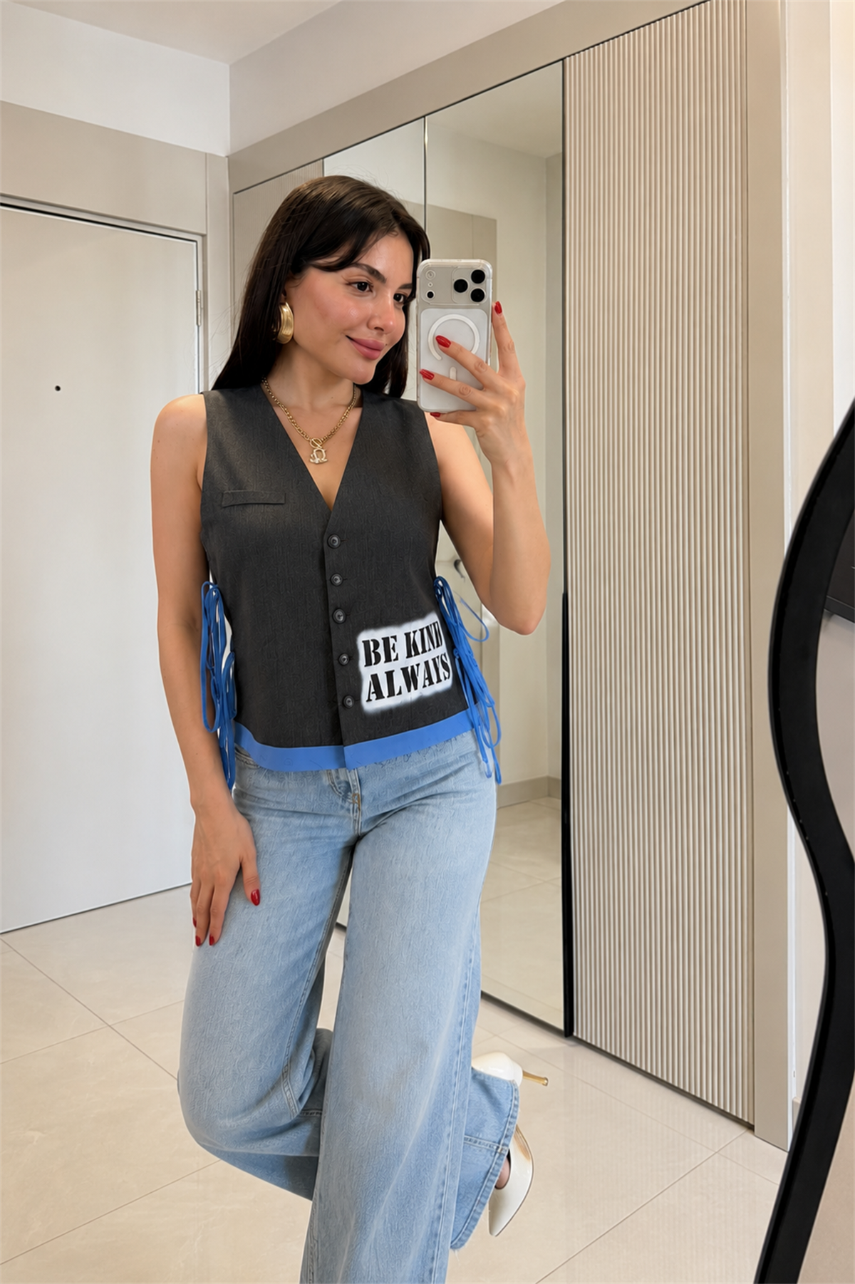 Always Antrasit Yazı Detaylı Yelek