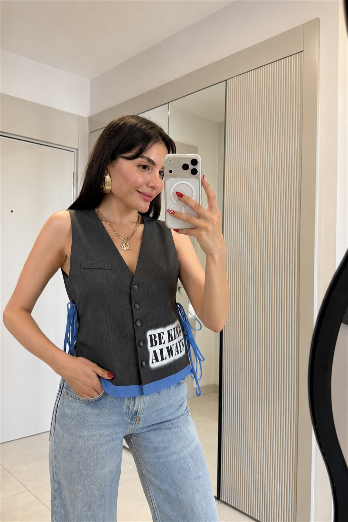 Always Antrasit Yazı Detaylı Yelek