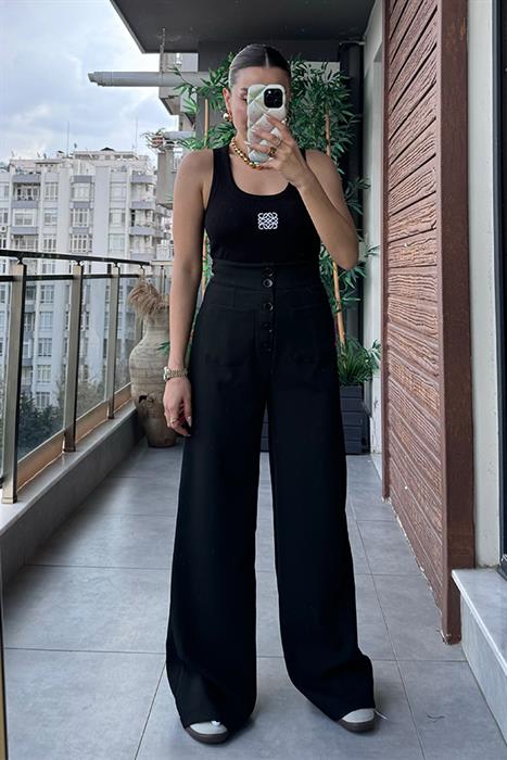 Always Kare Cep Detaylı Düğmeli Pantolon - Siyah
