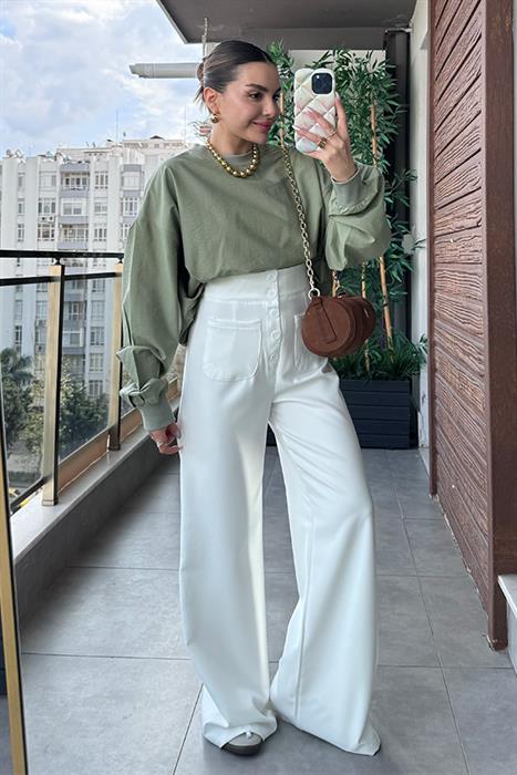 Always Kare Cep Detaylı Düğmeli Pantolon - Beyaz