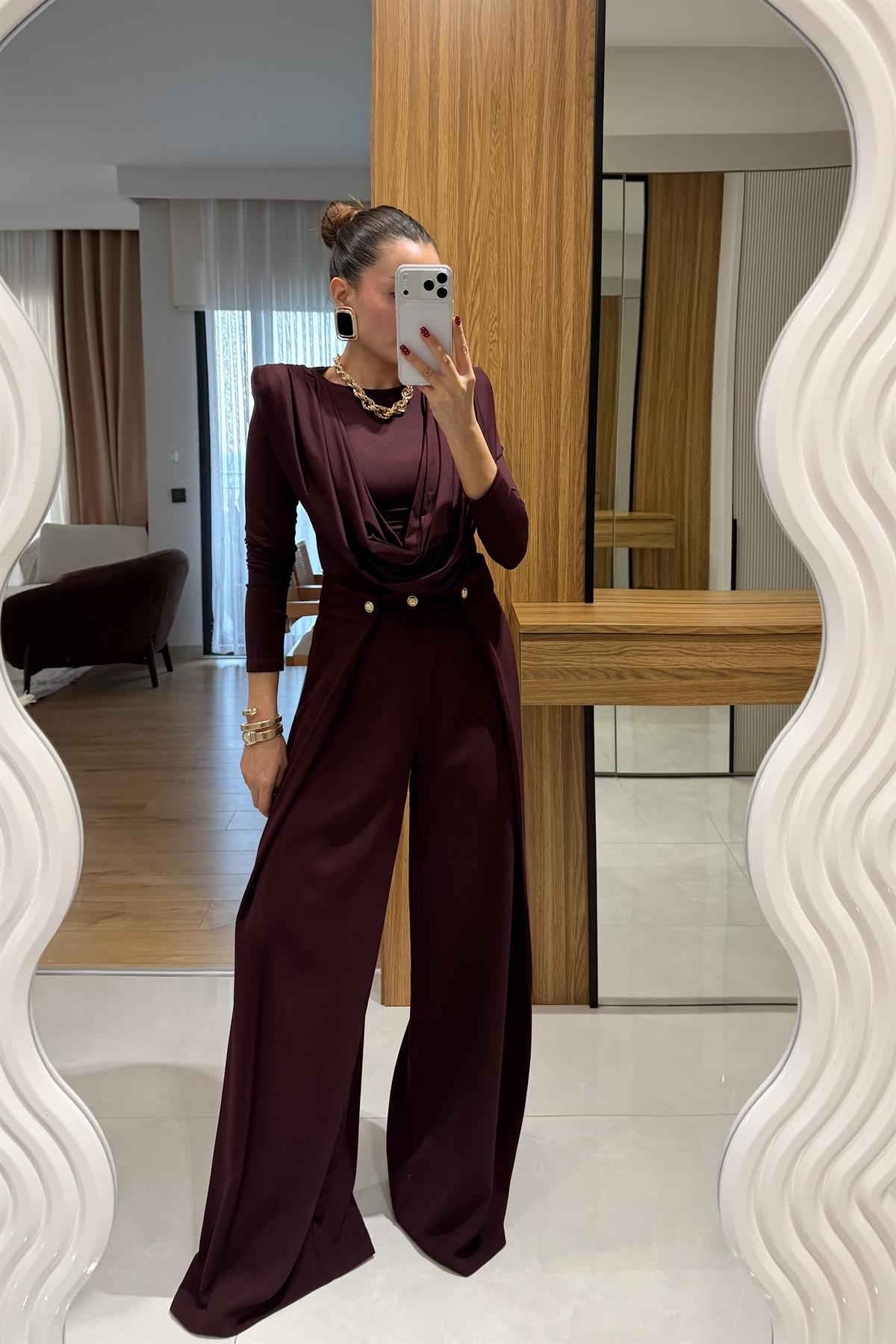 Alwin Bordo Yandan Düğme Detaylı Pantolon