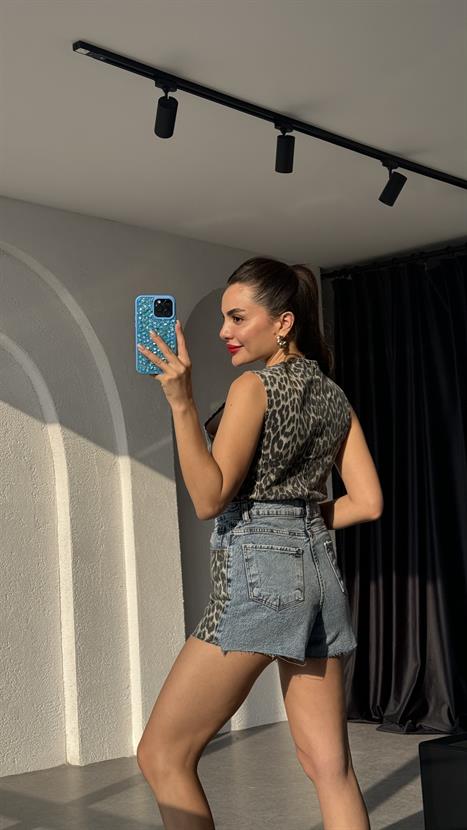 Amabel Leopar Desen Denim Yelek