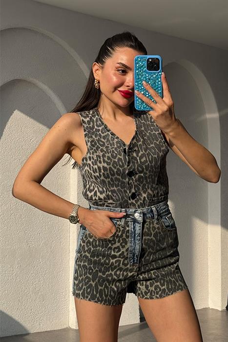 Amabel Leopar Desen Denim Yelek